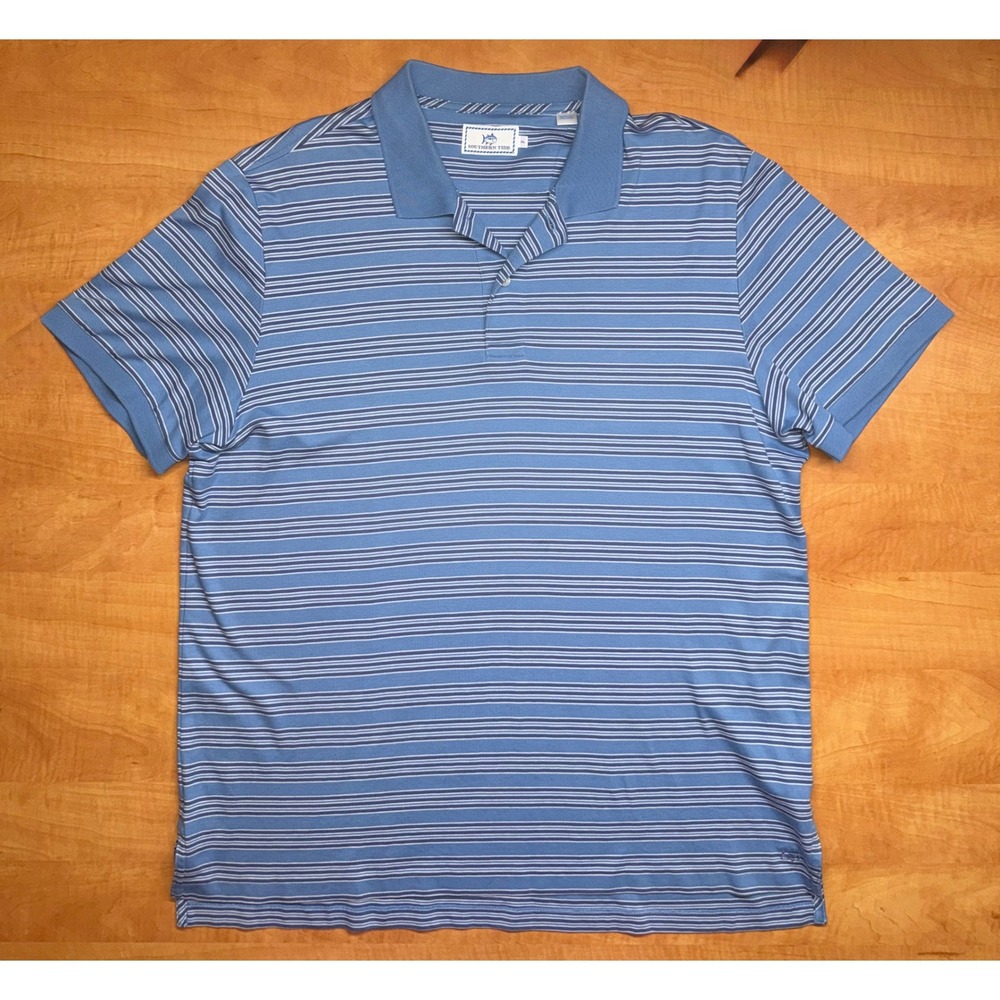 Southern Tide Mens XL Blue Striped Cotton Short Sleeve Skipjack Polo Shirt